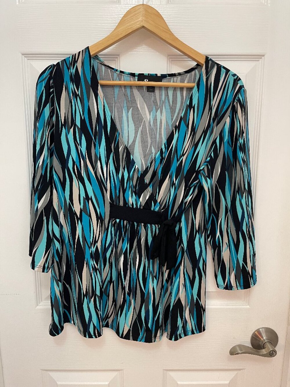 AB Studio Abstract Geometric V-Neck Faux Wrap Top Blouse